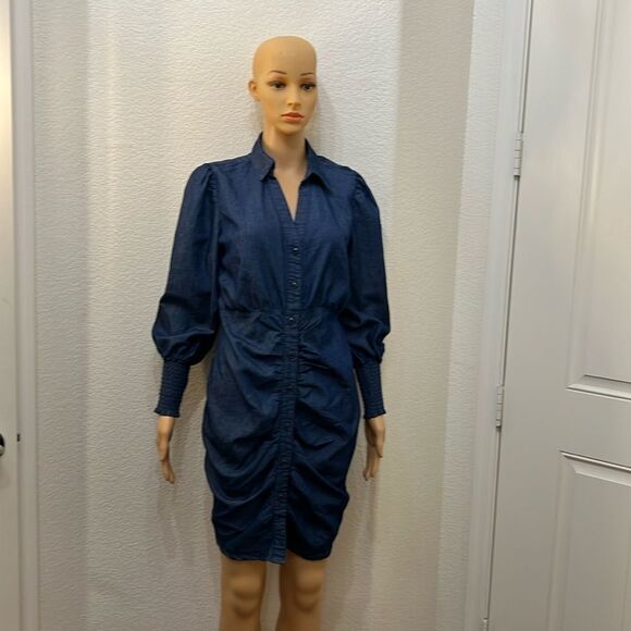 New York & Company Dress Sz Small Denim VNeck Long Sleeve Slimming Ruched Button - Picture 1 of 13